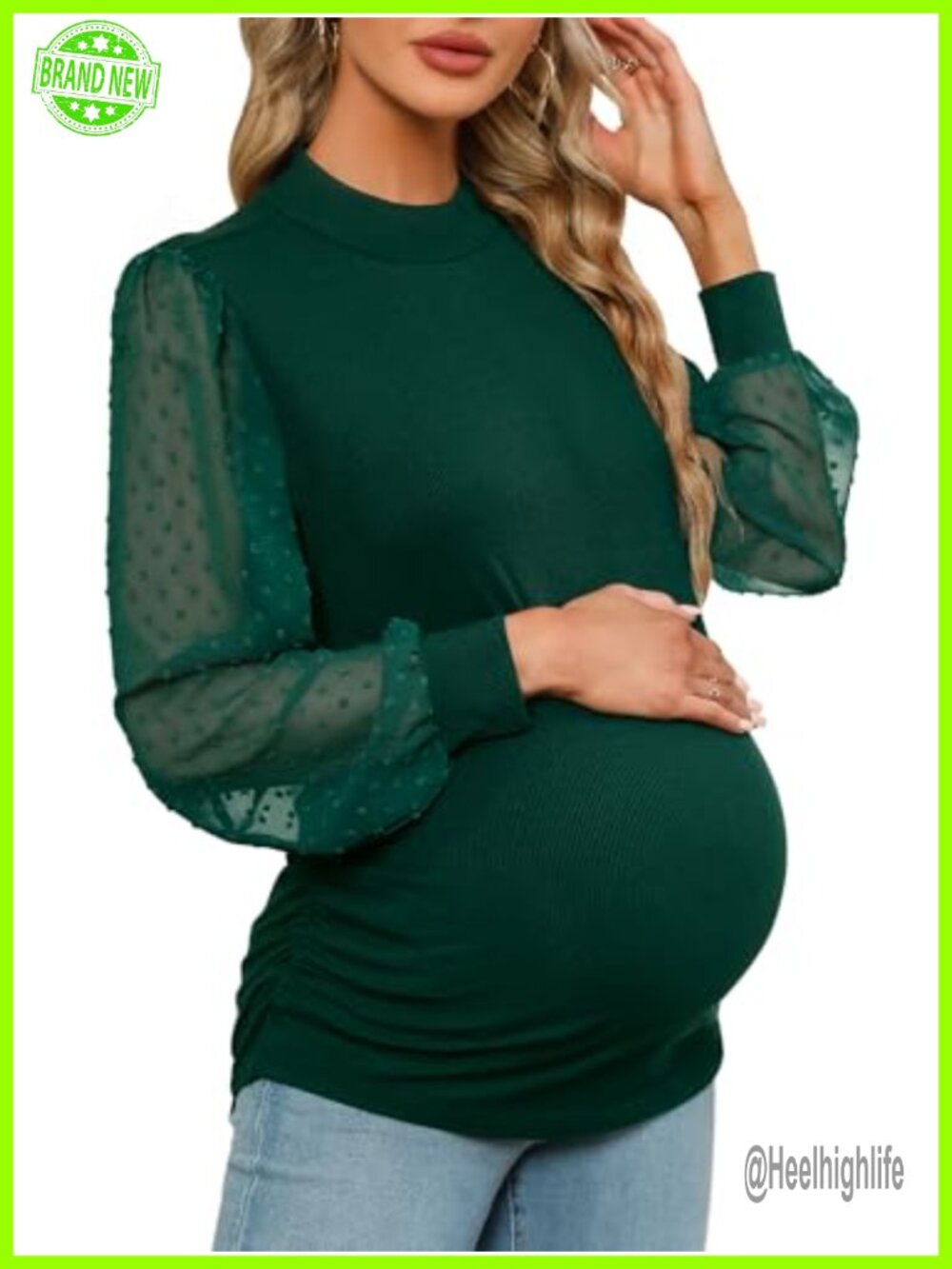Maternity Mock Neck Long Sleeve Blouse Sheer Mesh Puff Sleeve Top